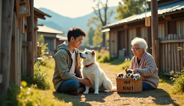 Realistic photograph. A candid moment at a "Pet Adoption Day" event in a rural Japanese village. A young man (Shota), dressed in casual clothes and a light jacket, sits cross-legged on a slightly worn patch of grass, his hand gently resting on a medium-siz...