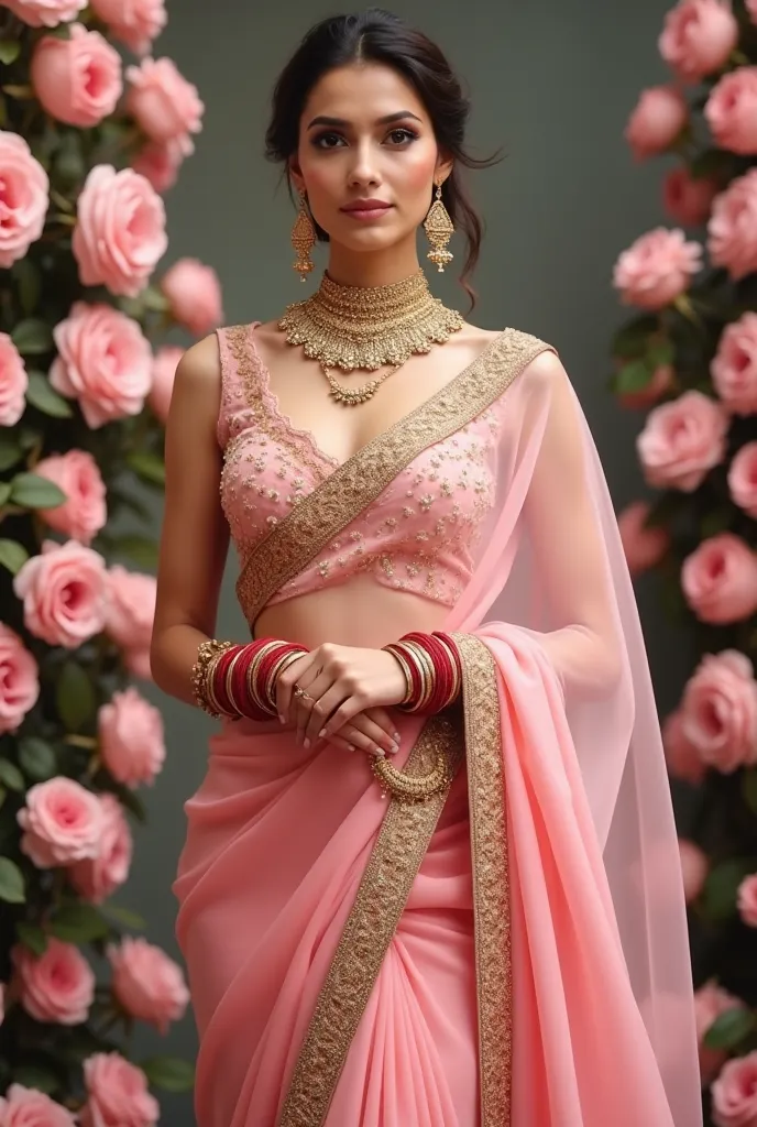 The dress in the image is a beautiful pink saree with intricate golden embroidery along the borders. The fabric appears to be a soft, flowing material like chiffon or georgette, giving it an elegant drape. The blouse is a matching pink with a deep neckline...