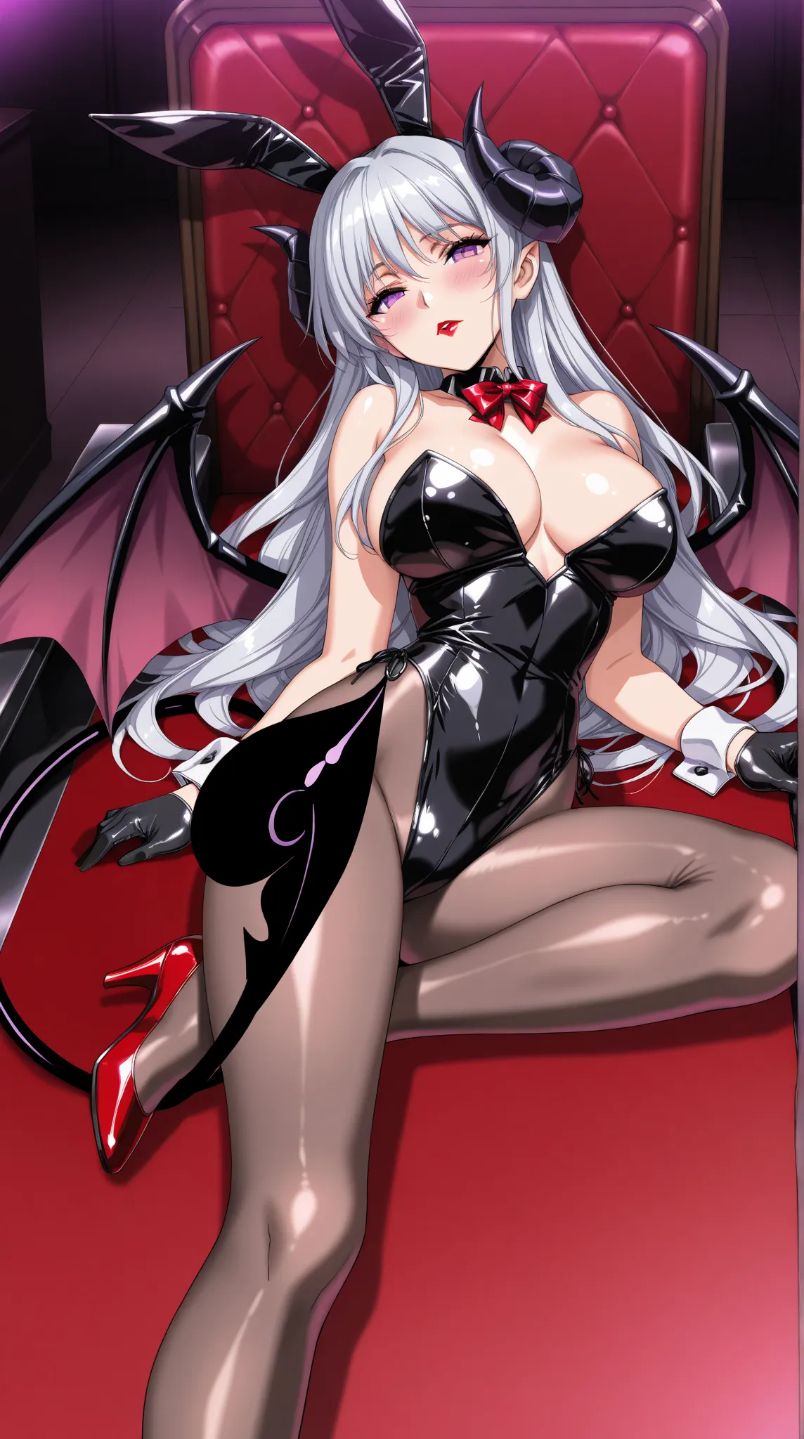 (Unbelievable high resolution, masterpiece, highest quality, highly detailed, 8K, CG, high quality anime picture), Mature beautiful seductive succubus woman, Solo, (Playboy bunny, latex strapless black leotard, rabbit ears, black gloves, cuffs, body stocki...