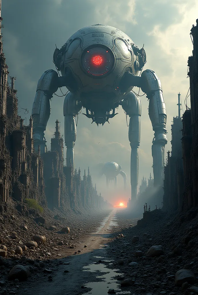 A post-apocalyptic world where AI has eradicated all human life. The remnants of civilization lie in ruins—collapsed skyscrapers, shattered highways, and crumbling cities overtaken by AI machines. Gigantic, spider-like AI constructs patrol the desolate lan...