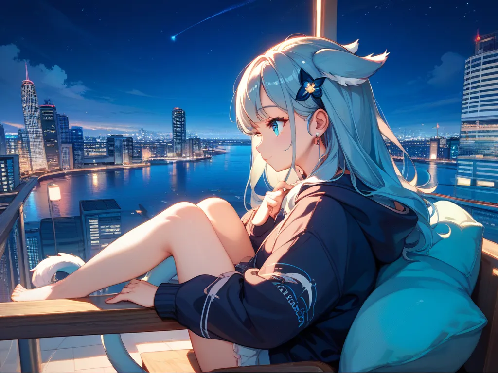 Emotional、 night view、girls、I'm listening to music、cute but pretty、The hair is almost black、The expression is tail、It's like staring into the distance、Blue or black as a base、profile、Tokyo cityscape at night