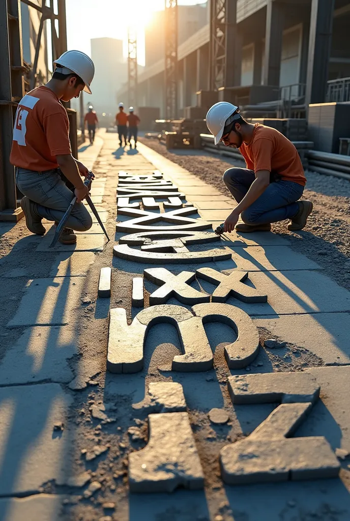 "The image shows the name 'Jaxwizzy' written in a construction-themed design, as if craftsmen are working on creating something unique. The name is written on a large stone or concrete road, with metal structures and construction tools such as chisels, ham...