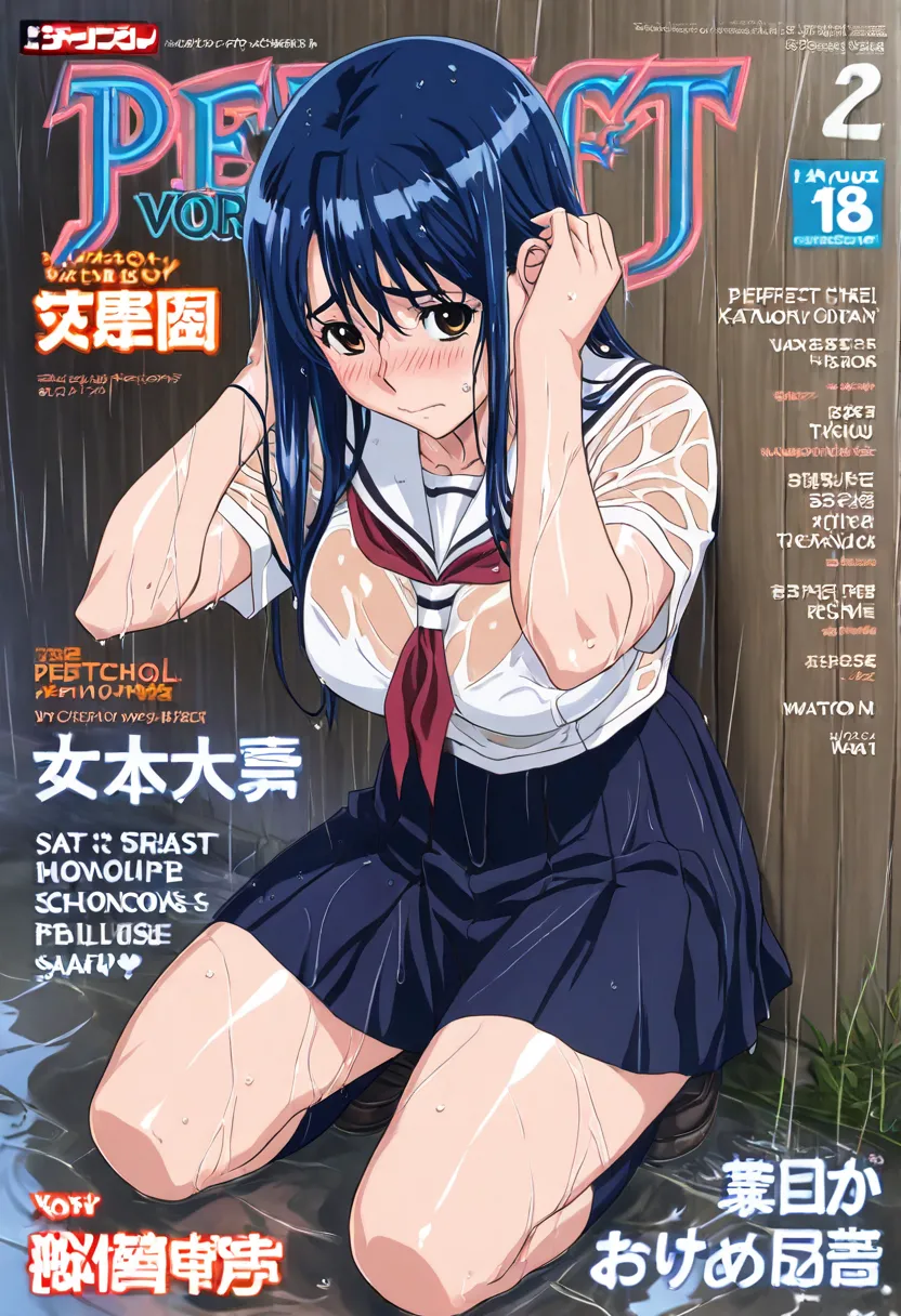 Adou , ,Magazine cover,Cheonjo-in Katsura,Blue Hair,Japanese Girl,embarrassed,( Wearing school uniform,,),( Perfect Breast:1),adjusting hair,Full Body,wet,at school,Waiting for someone else,rainy day,leaning on a wall,