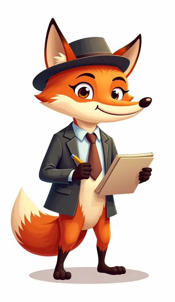 "A cartoon-style fox dressed as a journalist, wearing a press hat and holding a notepad and pen. The fox has a confident and curious expression, as if ready to report breaking news. The illustration is isolated on a white background, detailed with smooth l...