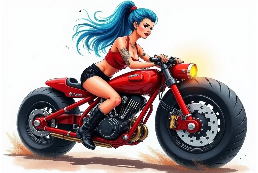 (FULL FOCUS ❗)Full body. Watercolor painting (drawing) of an adult woman (riding a crazy motorcycle with big wheels ❗), pin-up girl pose, expressive, girl, pin-up girl pose, big brown eyes, Disney eyes,High Quality Artwork (MENDI Free Fire on Speeder 74-Z)...