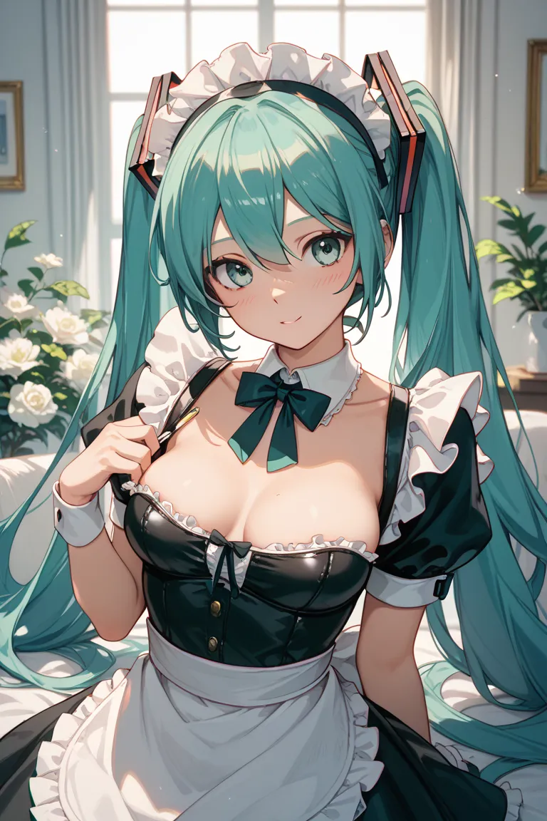 hidden hair,,high resolution, Hatsune Miku,green hair, nsfw,aroused,maid,clothed,bare breasts