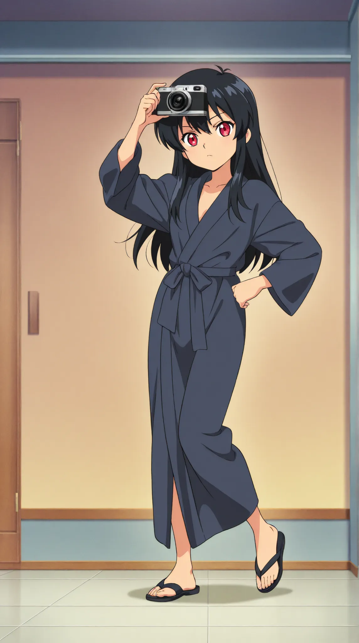  Anime style illustration: sister in a bathrobe, 18 years old, anime character, official character image, full body, female anime girl sister 18 years old, (black hair: 1.5), (suntanned: 0.5), Big red eyes,Posing, looking at the camera, high quality 