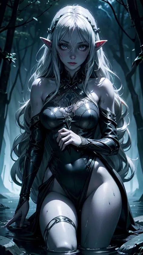 Light elf woman (drow) , black long hair , 1girl , revealing tight black dress , white eyes , fantasy place , magical , Creepypasta , character , no glowing eyes , magic , oc (masterpiece) , (best quality) , (ultra-detailed) , very aesthetic , illustration...