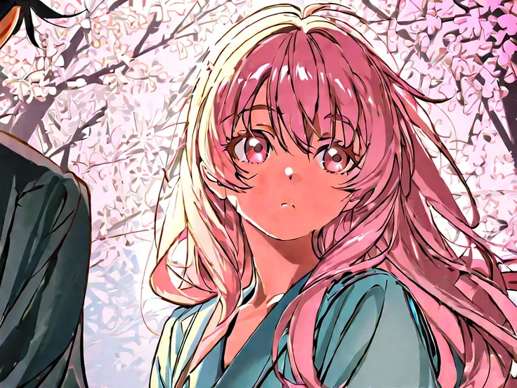 
A girl is staring at a boy who is looking at the cherry blossom. The girl likes the boy, but the boy is not interested in her.  They are both Japanese and 18 years old.  They are in the crowded street dark at night. There are cherry blossom trees in the s...