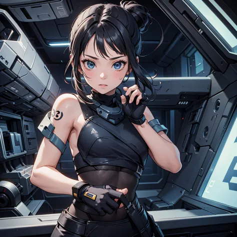 score_9, score_8_up, score_7_up, source_anime j37t, topless, fingerless gloves, 1girl, solo, intense, throwing knife, science fiction, spacecraft interior hot