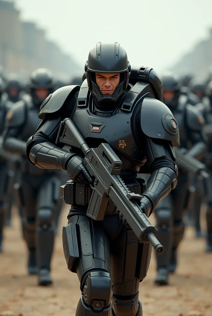 A squad of futuristic space marines marching in perfect formation, resembling a grand military parade. They wear high-tech armored uniforms, featuring sleek, metallic plating and advanced combat gear. Each marine holds a pulse rifle with disciplined precis...