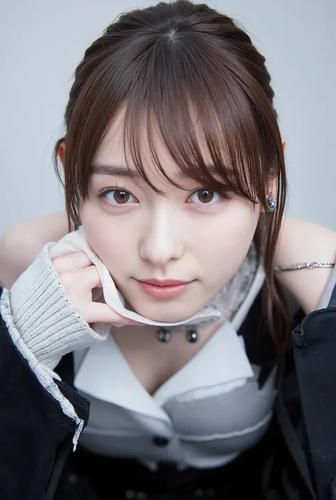 She's wearing a glamorous camisole、face close-up、choker、off shoulder、belly button、Panties、garter belt、thighs、ponytail
