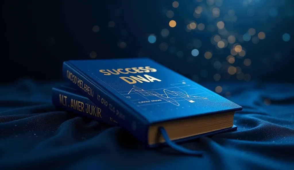 "Create a highly polished and captivating photo featuring the elegant indigo color book titled 'Success DNA' published by The Empowerment Library, positioned on the left side against a dark, elegant background with flickering diamond  tiny particles."  Add...