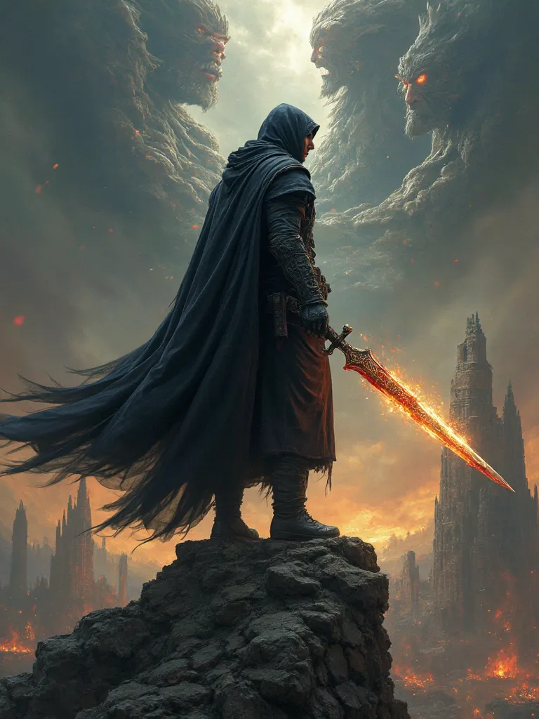 Create an epic and detailed scene in the style of dark fantasy: a powerful warrior stands atop a ruined temple, his dark cloak flutters in the wind. His face is hidden by the shadow of a hood, and in his eyes magical energy burns. In one hand he clutches a...