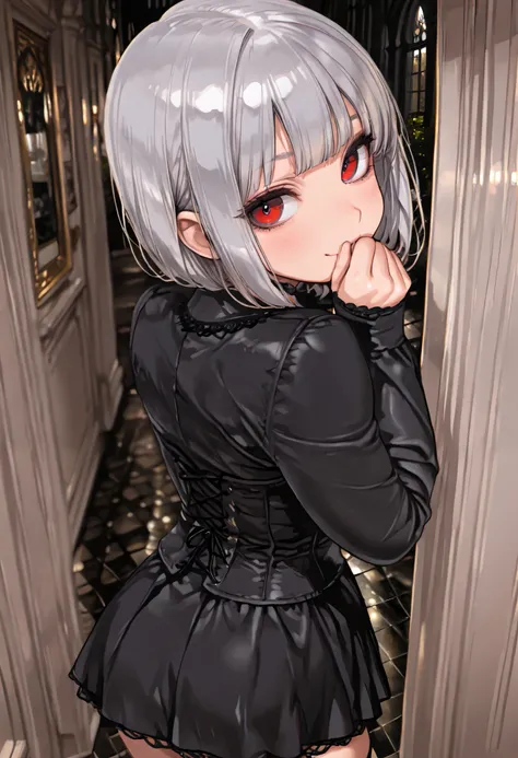 (masterpiece:1.3), (8k、best quality:1.3), (1 girl), (Alone), (cute, little:1.3), (very cute face:1.3), (Beautiful Face with Perfect Symmetry), (perfect anatomy), ( high detail skin ), Anime Girl Rendering, Beautiful Silver Hair Bob Cut, Intense red eyes, ...