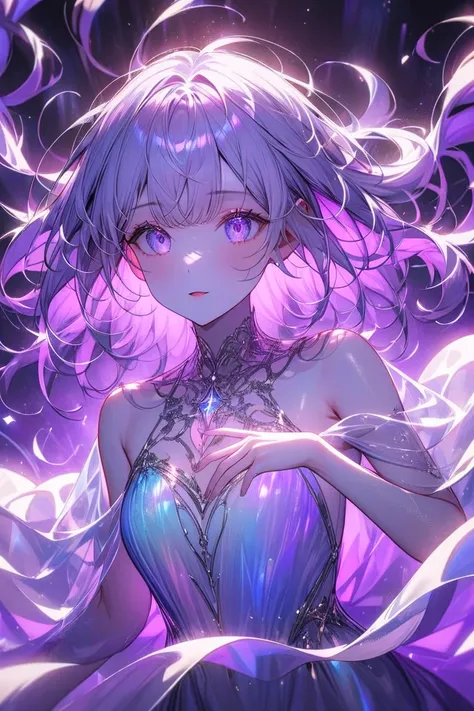 A celestial woman floats effortlessly in a dreamlike expanse, her body weightless as if suspended between reality and the cosmos. Her long, iridescent hair drifts around her like liquid light, shifting between shades of deep violet, silver, and pastel blue...