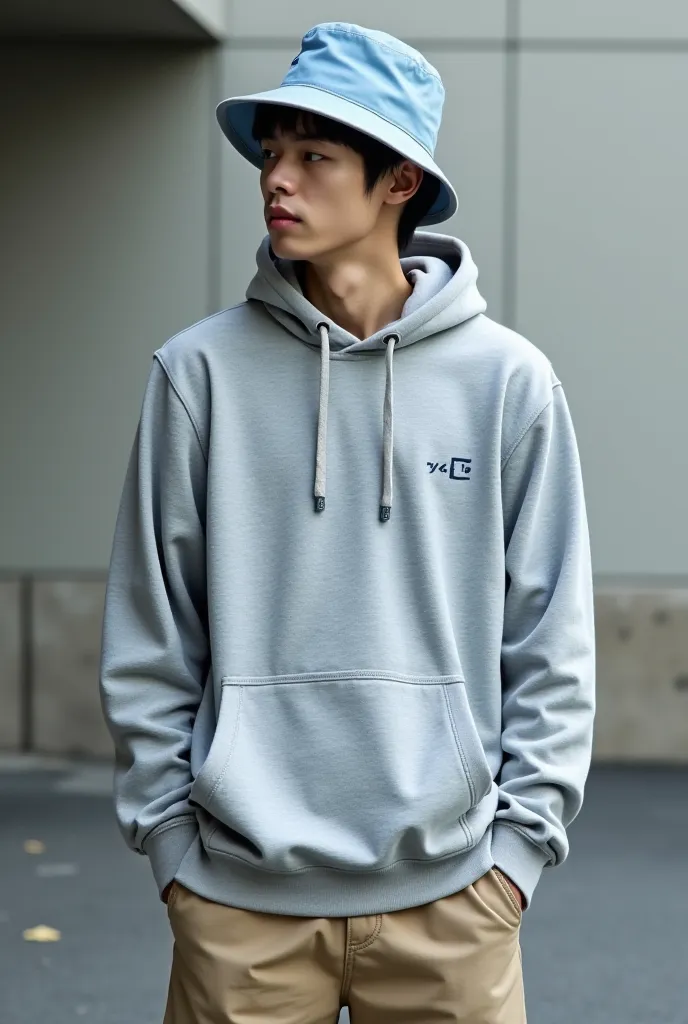 heather gray Champion Basic Hoodie or sand beige Dickies 874 pants、light blue Kangol bucket hat、Picture of a Japanese man wearing a brown work jacket