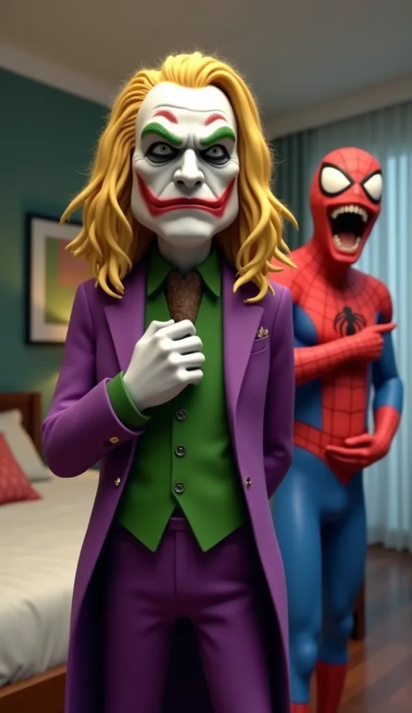 A highly detailed 3D-style scene of the Joker wearing a long, blonde wig, his expression serious and clearly annoyed. His face is tense, with furrowed brows and a closed, frustrated mouth. He is dressed in his classic purple suit with a green shirt. His sm...