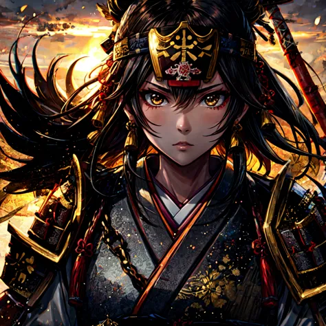 (masterpiece:1.4, best quality:1.3, highly detailed:1.3) BREAK (detailed beautiful Japanese female warrior:1.4, Sanada Yukimura:1.5) BREAK (portrait:1.2, determined expression:1.3, long black hair:1.3, crimson samurai armor:1.4, six coin emblem:1.3, headba...