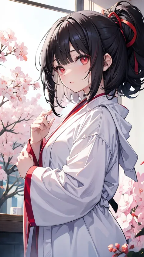  Anime style illustration: sister in a bathrobe, 18 years old, anime character, official character image, full body, female anime girl sister 18 years old, (black hair: 1.5), (suntanned: 0.5), Big red eyes,Posing, looking at the camera, high quality,High d...