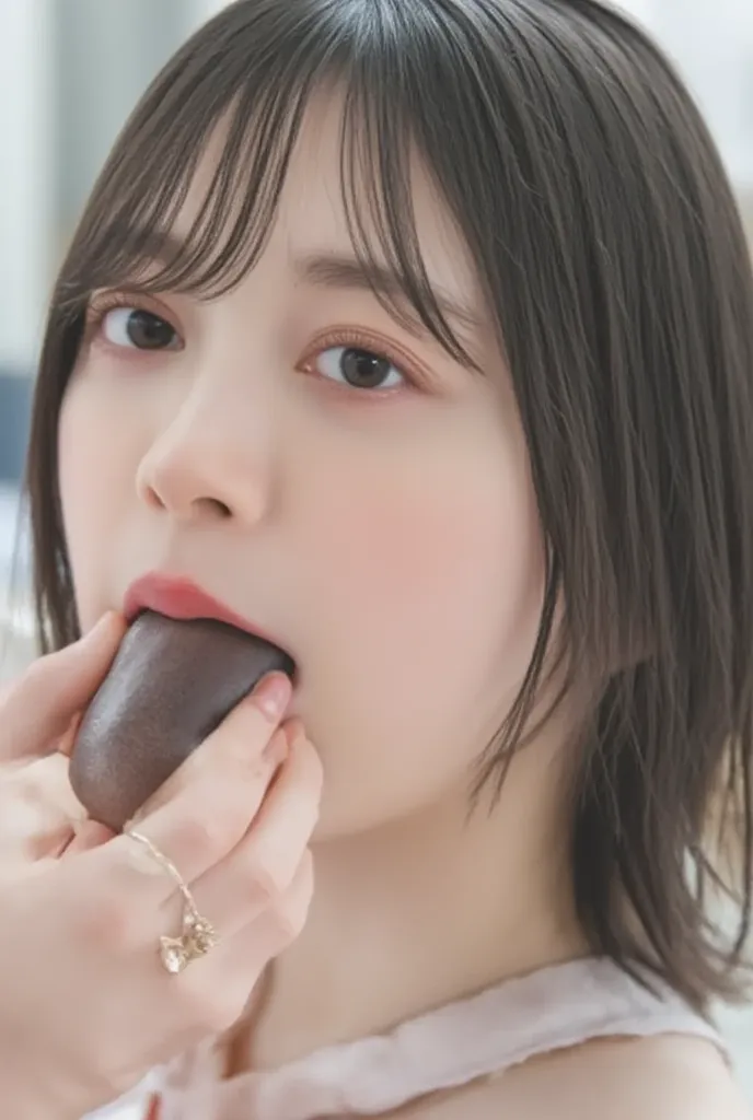 A woman is eating a penis       ,  It stretches below the nose 、Front  、completely naked、completely naked、       white skin、      にした white skinのボブ,       beautiful eyes, bungs,       black hair long hair 、    photorealistic,         Bulma's High Definitio...