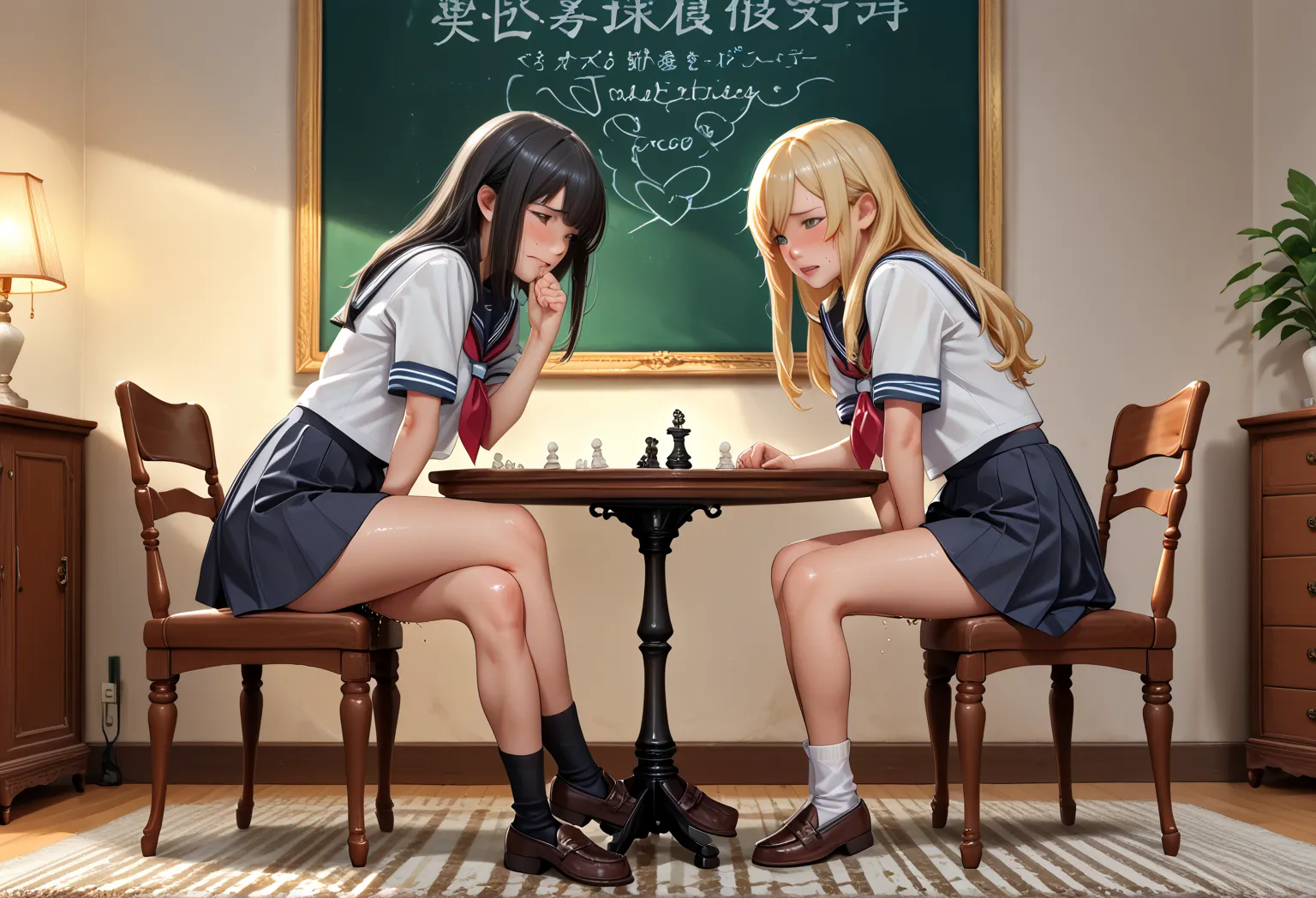 Score_9, Score_8_up, Score_7_up, Score_6_up, Score_5_up, Score_4_up, Source_anime, (extremely detailed and high-quality illustration),(best lighting and shadow effects, ultra-realistic), (two young women), sitting facing each other, JK, one girl blond, ano...