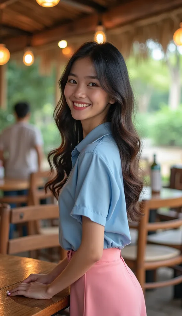  presents、attractive young woman, by rubio, blue shirt,  pink skirt ,  facial details ,  Forward Leaning Posture, nail,   and turn your back,   Smile,  Leaning on the Table , Forest Restaurant、colorful forest。