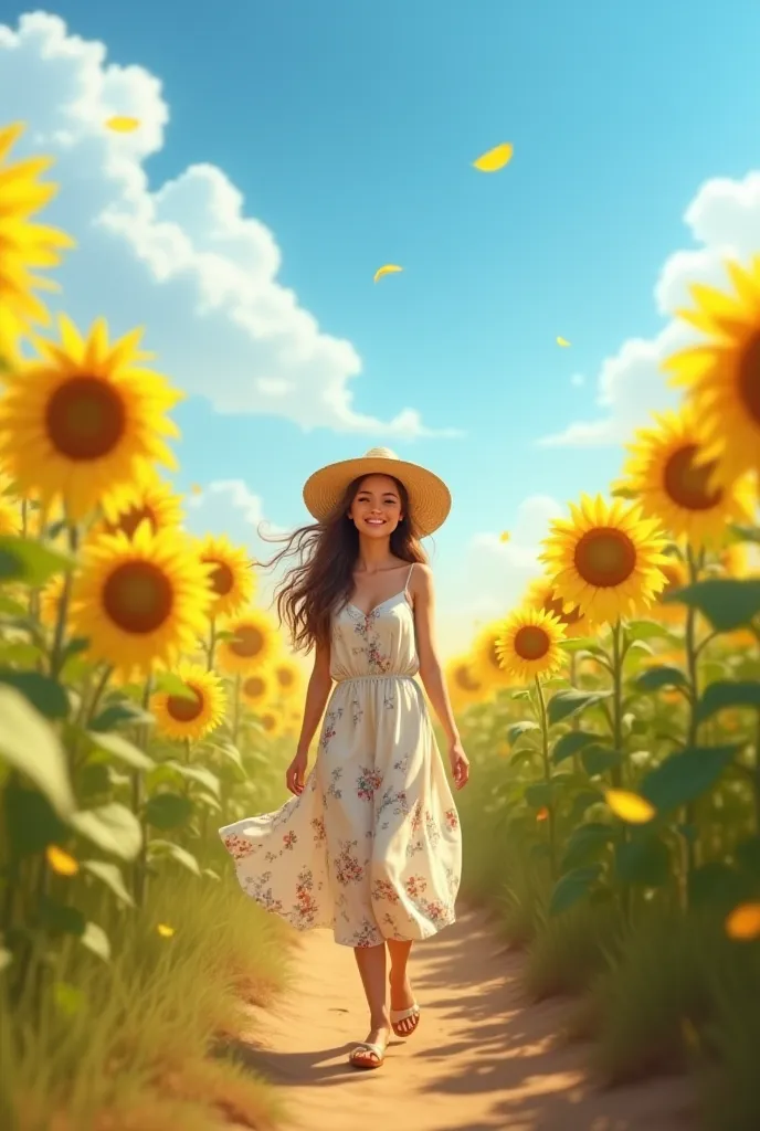 A smiling woman wearing a straw hat and a light, flowery dress, walking across a field of sunflowers under a sunny blue sky
Realistic design style