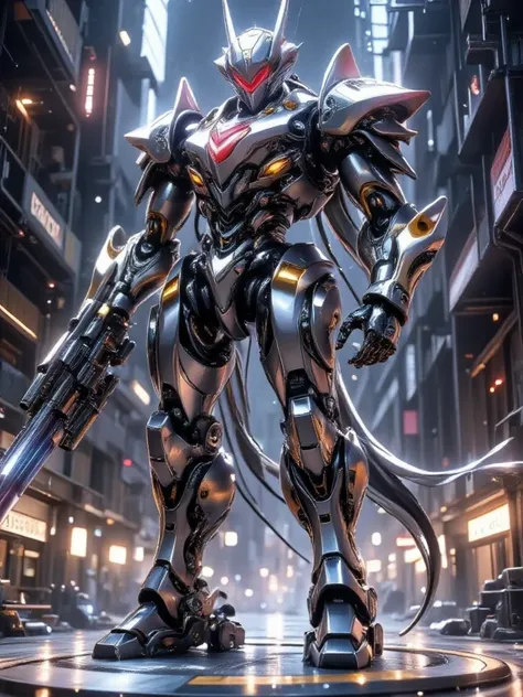 "A cybernetic war machine with a humanoid form, multiple mechanical arms wielding laser guns, and an indestructible titanium exoskeleton, set against a dark sci-fi background."