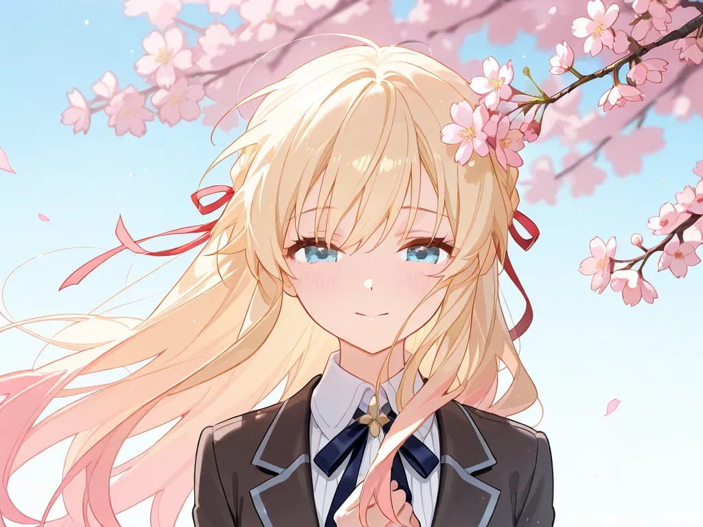 The girl is closing her eyes feeling the wind. The girl has blond hair and is 18 years old. There are cherry blossom trees around her. 