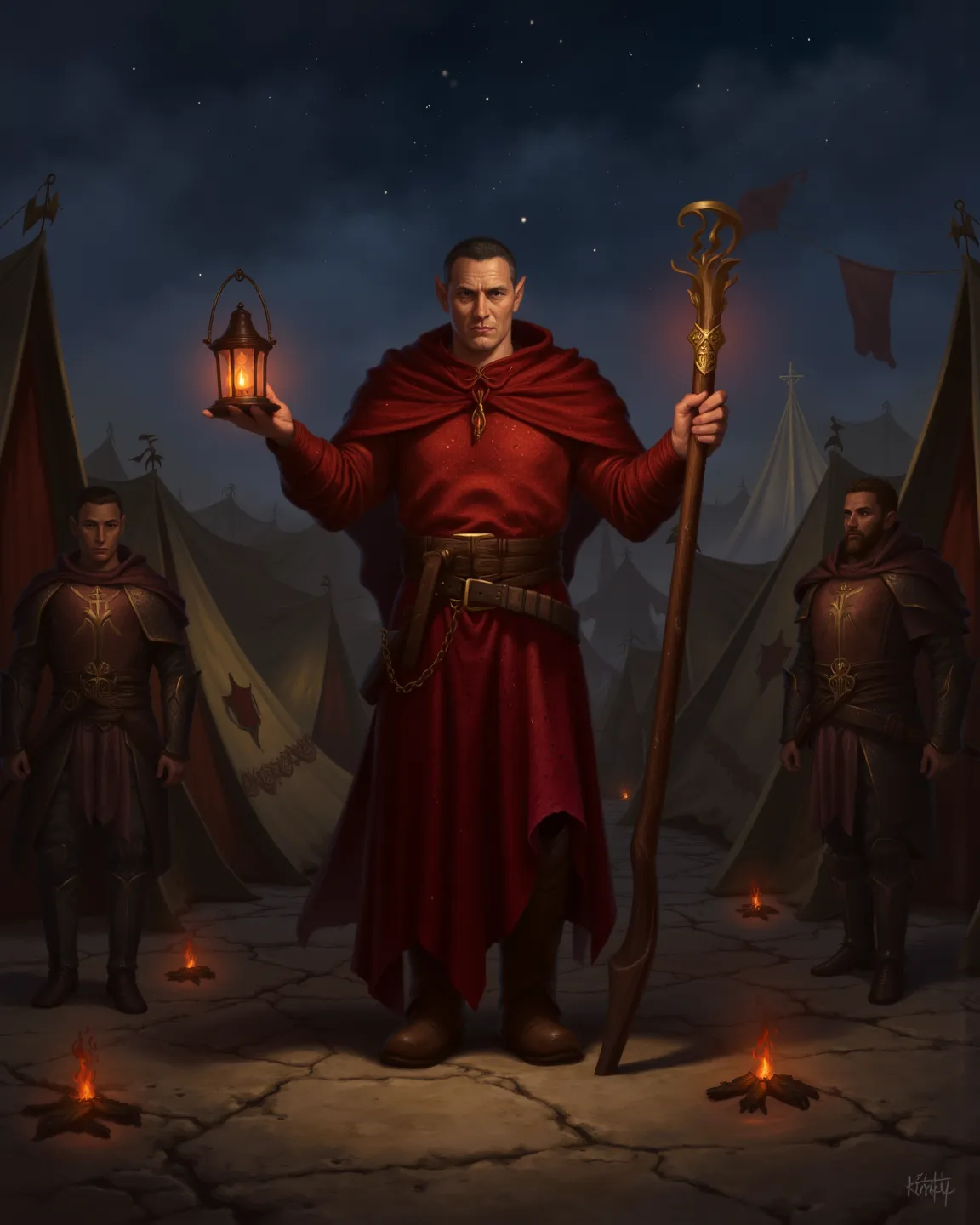 (Full-body figure, realistic style), (a sturdy elf with short hair, a serious expression, and a commanding presence), (holding a wooden staff with a glowing lantern at its tip, casting eerie light around him), (wearing a wide, rough woolen tunic in deep re...