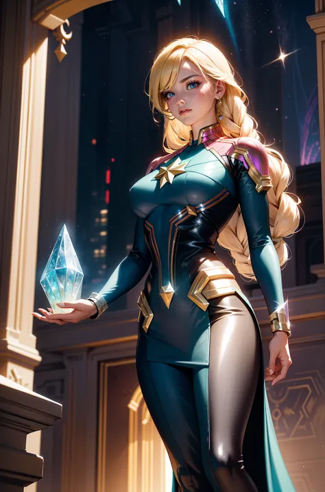 "A majestic woman dressed in a sleek, metallic gown with shimmering, 
holographic fabrics that change color with movement. 
Her hair is styled in intricate braids adorned with glowing gems. 
She stands confidently on a futuristic city balcony, 
with toweri...