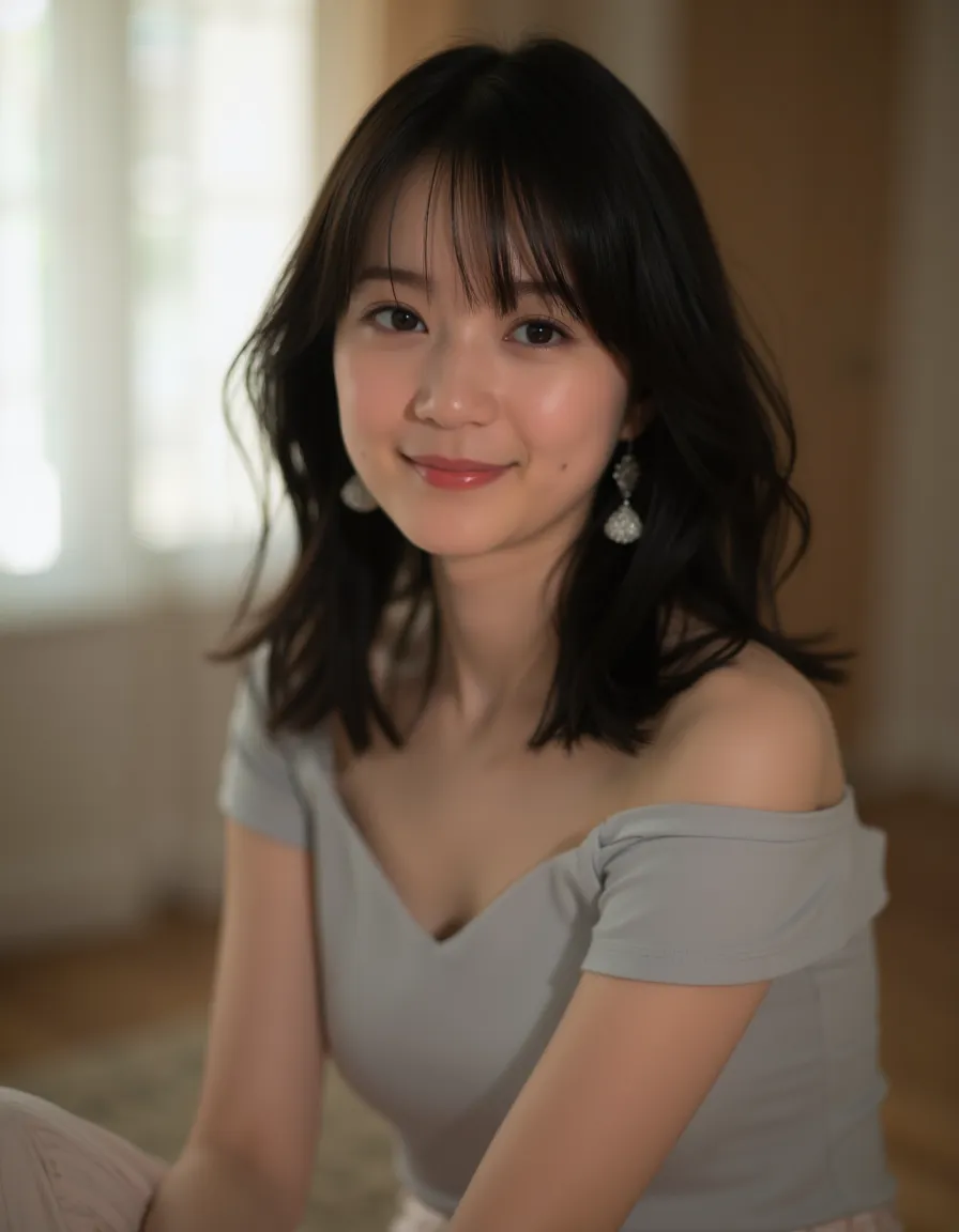 beautiful detailed full body photograph, , cute, youthful, 22 years, stylish modern shoulderfee T- shirt top, nic,  black hair, sitting in her beautiful livingroom,  medium long hair, (((beautiful stylish modern earrings))),, masterpiece, cinematic, bokeh,...