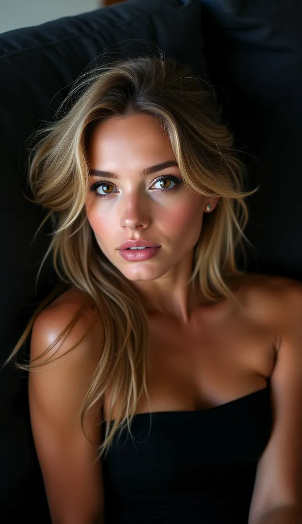 A beautiful woman with sun-kissed skin and tousled long blonde hair reclines on a black couch, gazing softly into the camera with piercing brown eyes. Her face is illuminated by natural, diffused light, highlighting her full lips. She wears a minimal black...