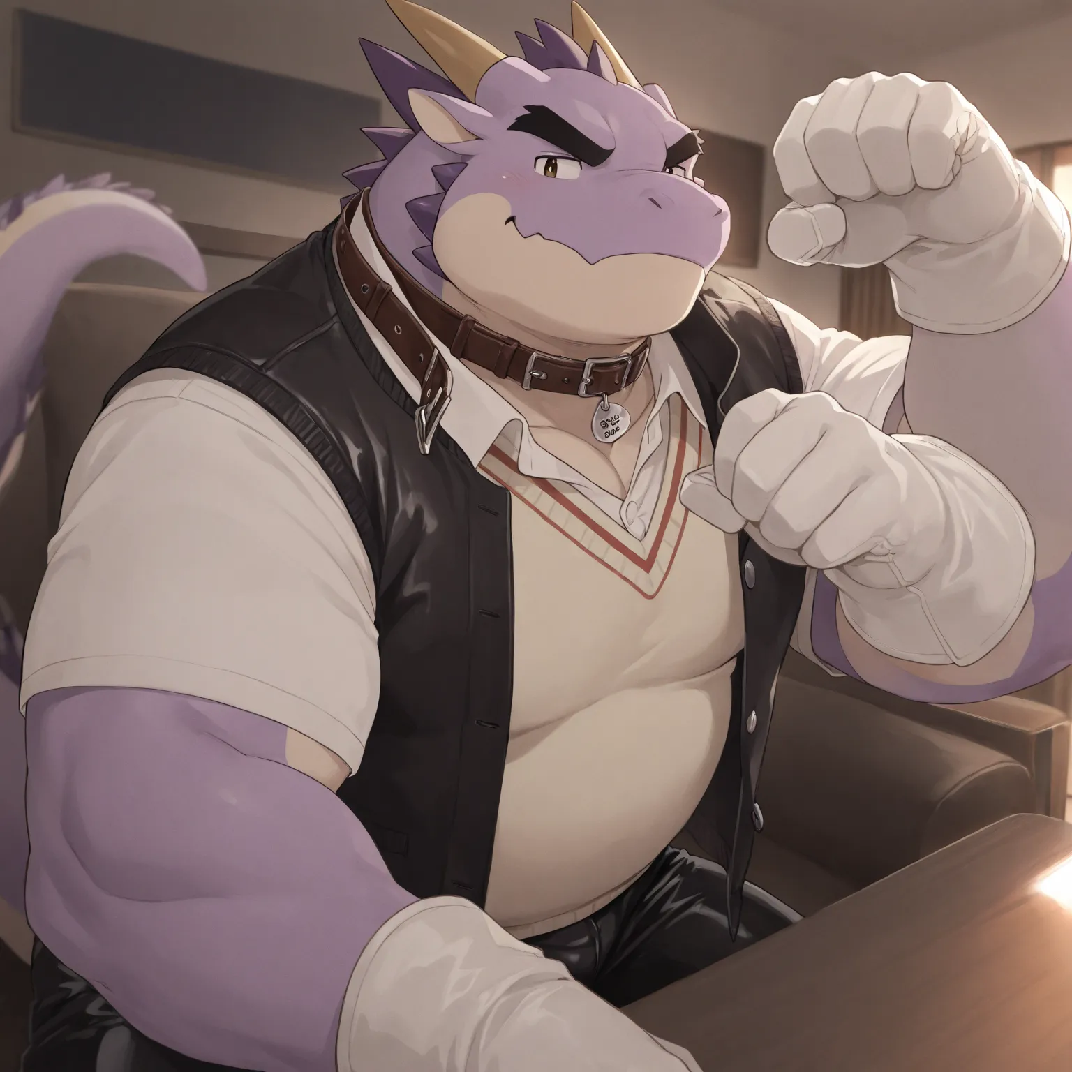 High Quality, Male, Dragon, Anthro(Dragon),Chubby,(Black eyebrows:1.1),(Perfect eyes),Smooth Skin，（artist:Takemoto Arashi），Living Room background，claw，（Sweater-vest:1.3）。Wearing a Leather collar around his neck. Wearing fancy white gloves on his hands, fan...