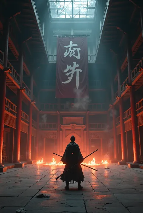 "Inside a massive, abandoned shogunate palace, its wooden pillars carved with ancient kanji and battle-worn banners swaying in the dim torchlight. The throne room is grand yet eerie, with cracked tatami mats and incense smoke lingering in the air. Kla, a y...