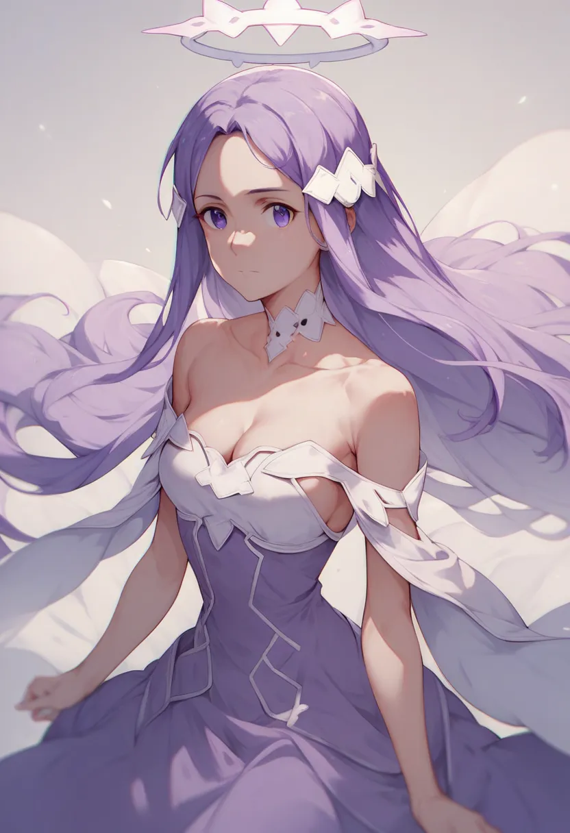 anime coloring, sword art online, quinella, 1girl, long hair, purple hair, purple eyes, medium breasts, white halo, choker, purple dress, skirt, bare shoulders, cleavage, collarbone