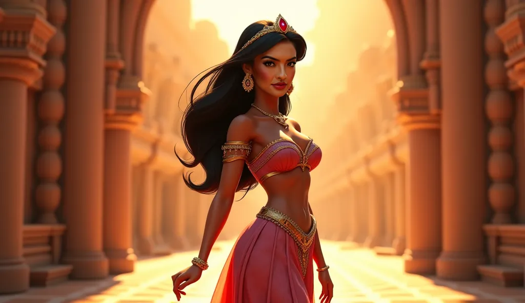 A highly realistic full body. Jasmine Disney Princesses. Normal body, Curvy sexy body, big breast, big ass. Walking. She weain the kingdom. The lighting is warm and cinematic, casting a soft glow on her skin. Beautiful kingdom. The image has a high level o...