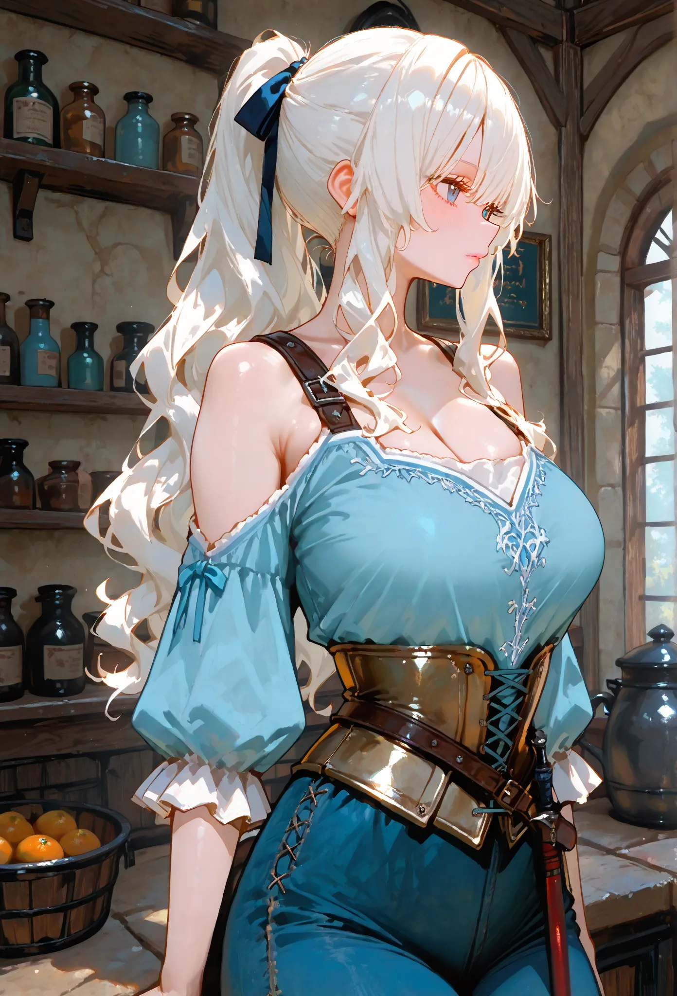 (masterpiece, high resolution, 2k resolution, best quality), (1girl, perfect anatomy, perfect face), ((white hair), wavy hair, long hair), (pastel blue eyes, perfect eyes), medieval clothes, trousers, shirt, medieval cloak), Narrow shoulders, large chest,d...