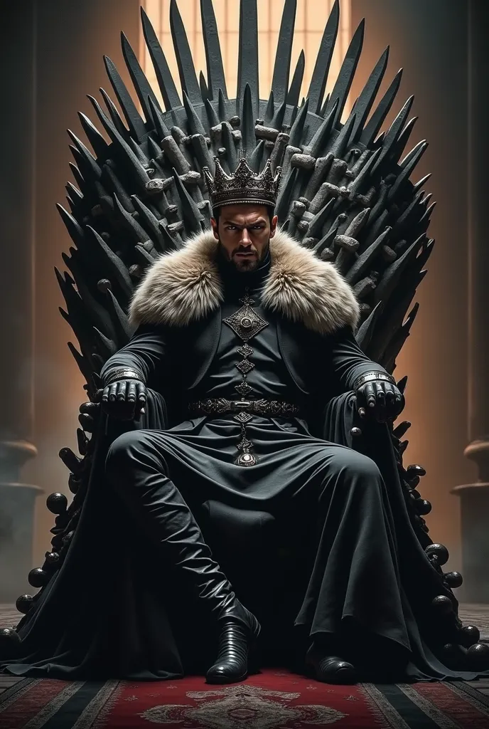 game of thrones, detailed medieval fantasy kingdom, ornate throne room, iron throne, powerful ruler, regal posture, piercing gaze, fur-lined cloak, intricate crown, cinematic lighting, dramatic shadows, moody atmosphere, rich color palette, dark fantasy, d...