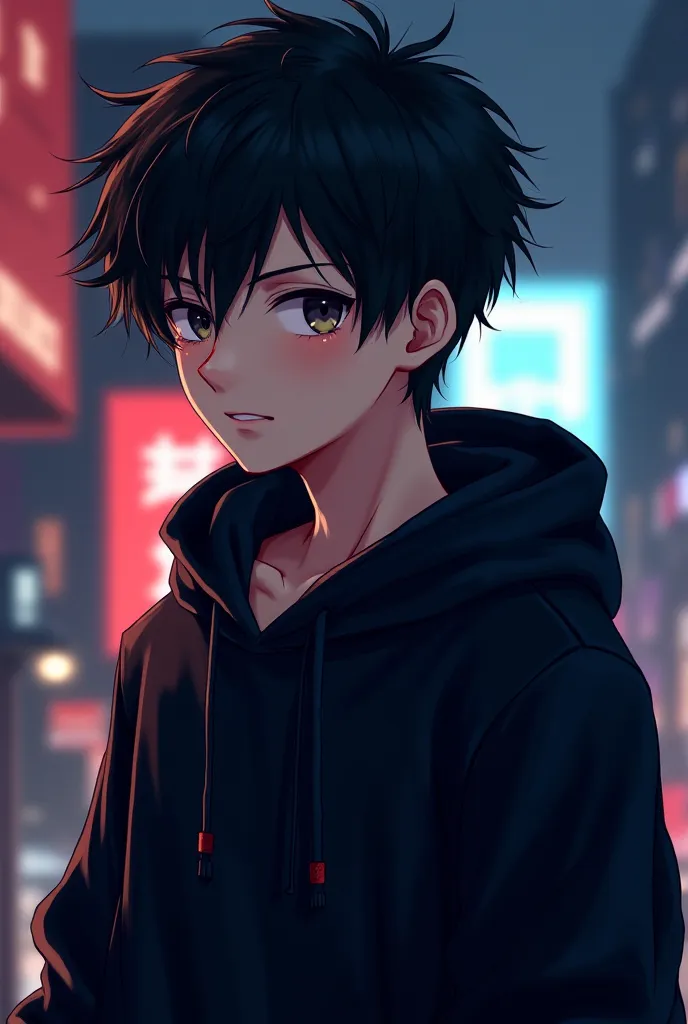 Make a anime character for pfp boy wearing black hoodie. And change the background 