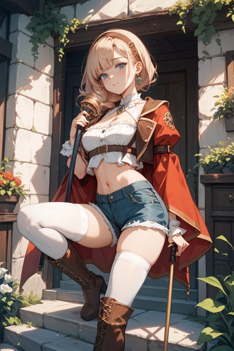 Draw an illustration of Rysalin Stout, the main character in Liza's Atelier、Draw the back chest big and the thigh thick、The hair is short and let me wear shorts、Wear long boots over white stockings、 hold a cane 