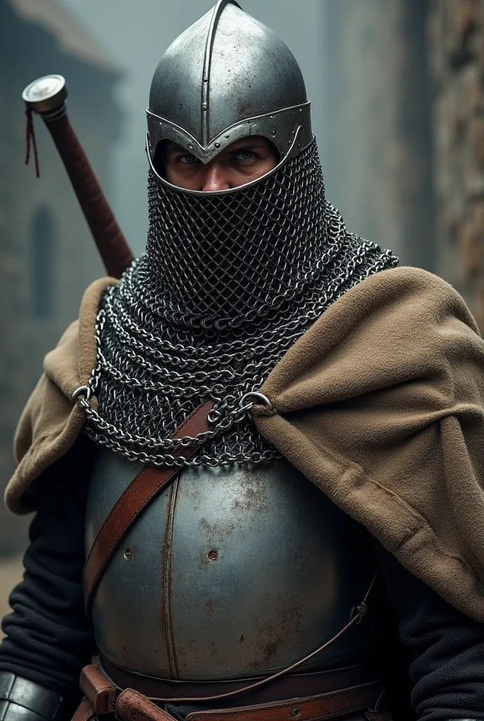 a medieval Caucasian warrior in chain mail and a helmet with a closed chain mail face looks at the camera with a sword 