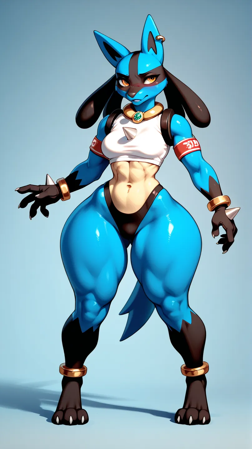 
Pokémon Lucario, with anthropomorphic characteristics/humanoid female female, 180 cm tall , slim body with curves and exaggerated proportions: torso 55 inch wide, waist 16 inches wide, hips 66 inches wide and thick thighs 40 inches wide.


All its body is...