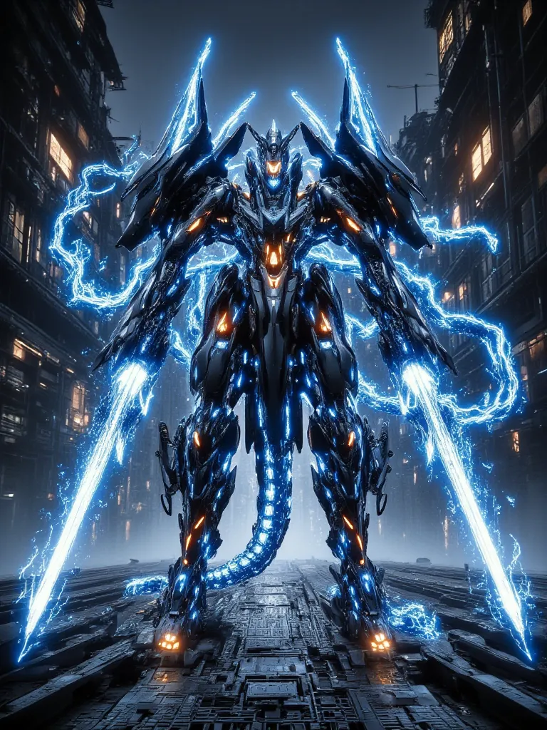 "A futuristic battle robot, heavily armored with advanced energy weapons, glowing blue lights, and a sleek metallic design, standing in a war-torn cityscape."