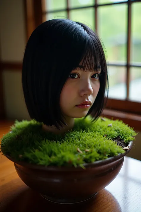 High resolution photo of the head and neck of a young Japanese woman buried in the center of the moss-covered soil in a bonsai pot placed on a table in a traditional Japanese home. No part of her body is visible below the shoulders. She has short bob gloss...