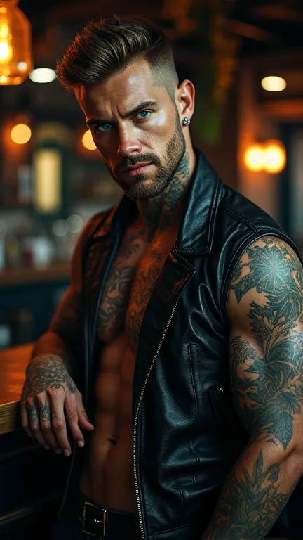 Create a model type as a mafia version. Tattooed and smoking. athletic build. looks arrogant. wears an open leather vest.  Lots of details  . He is leaning against a bar counter. Very attractive. 32 Tsd. eye color blue, small diamond earrings as a plug, cl...