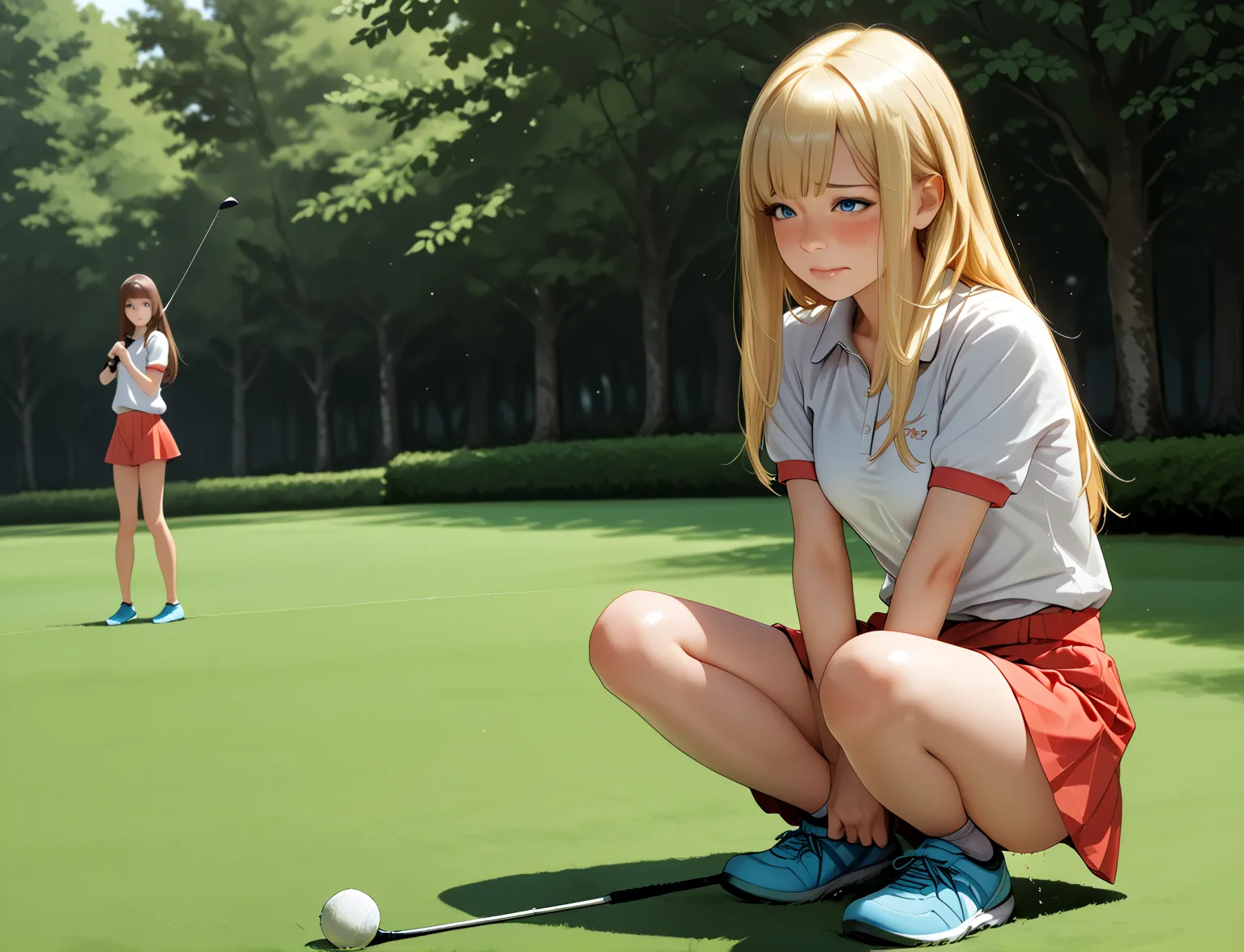 Score_9, Score_8_up, Score_7_up, Score_6_up, Score_5_up, Score_4_up, Source_anime, (extremely detailed and high-quality illustration),(best lighting and shadow effects, ultra-realistic), young women, JK, blue eyes, blond, straight hair, ((playing golf)), f...