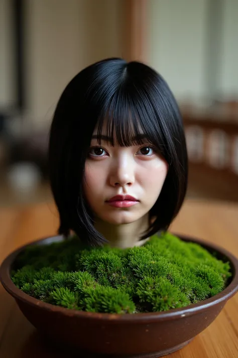 High resolution photo of the head and neck of a young Japanese woman buried in the center of the moss-covered soil in a bonsai pot placed on a table in a traditional Japanese home. No part of her body is visible below the shoulders. She has short bob gloss...