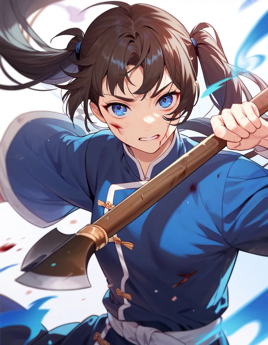 1girl, cute, pretty, brown hair, long hair, bangs, twintail, blue eyes, chinese war outfit, blood in her body, injured, wound, fighting with halfberd and blue aura, manhwa